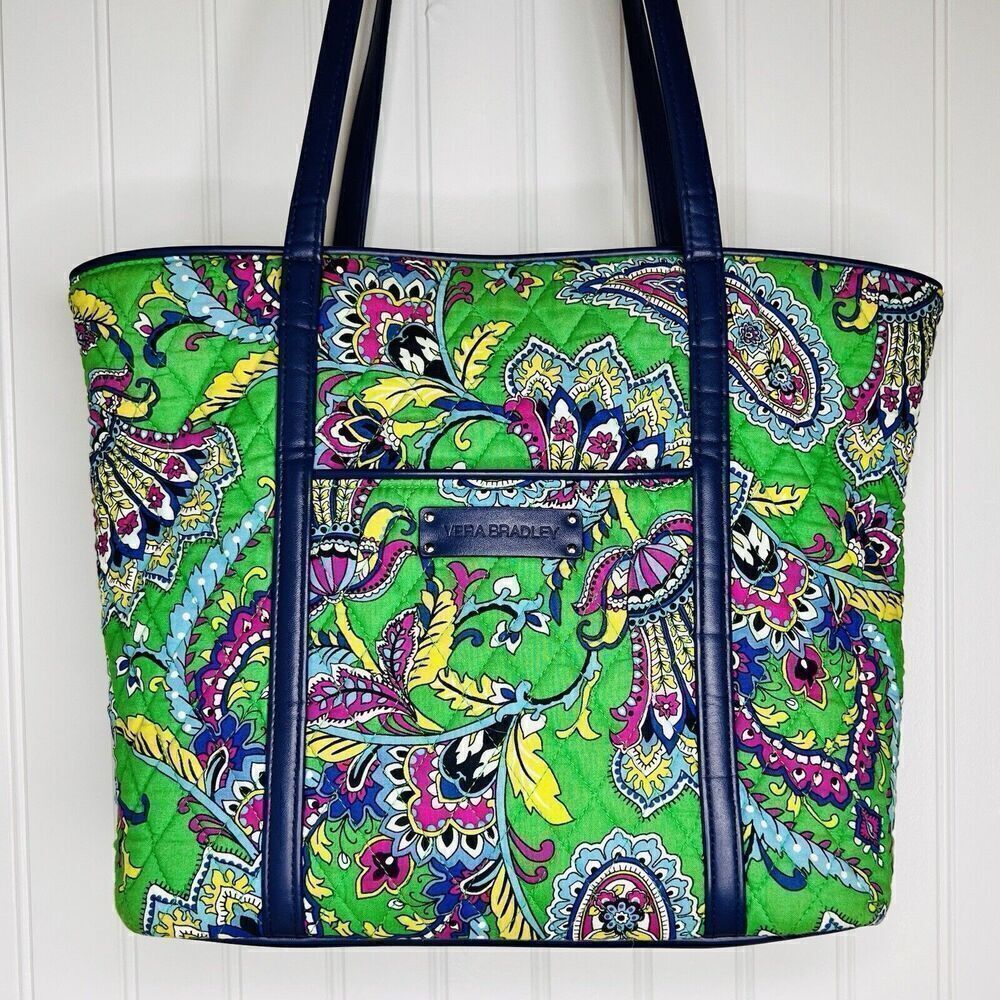 Vera Bradley Large Pleated Tote Shoulder Bag Purse Trimmed Emerald Green Paisley